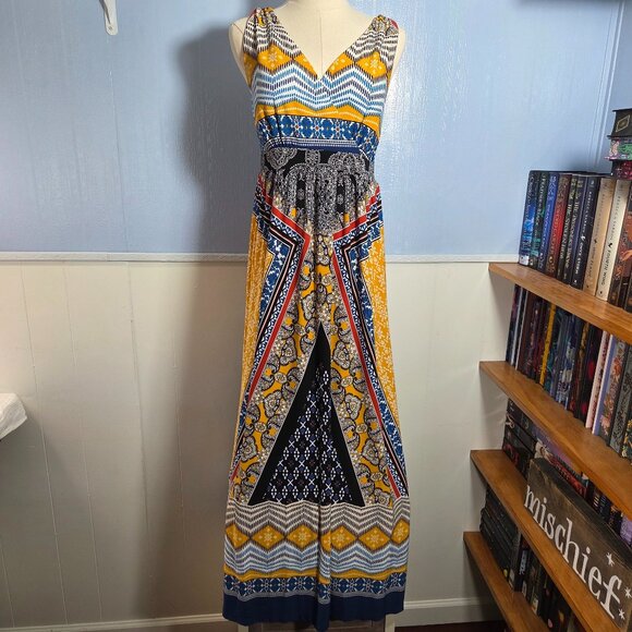 Apt. 9 Medium Petite Goldenrod Multi Colored Print V Neck Smocked Maxi Dress - Picture 1 of 14